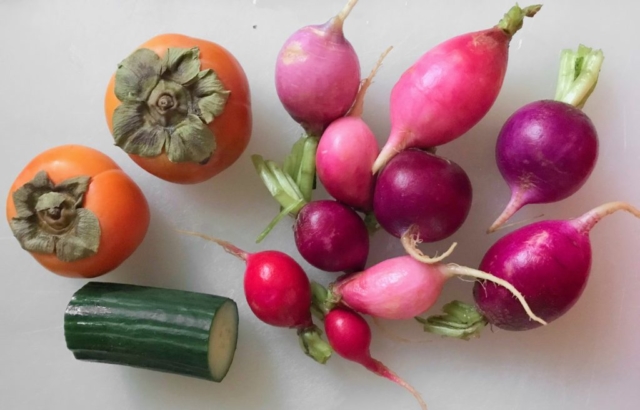 Baco Mercat cookbook ingredients for salad recipe with persimmons, radishes, cucumber