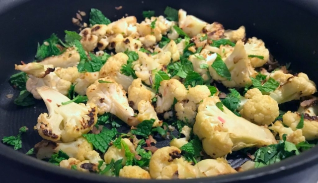 Baco Mercat cookbook recipe for caramelized cauliflower with mint, pine nuts, lime, and yogurt