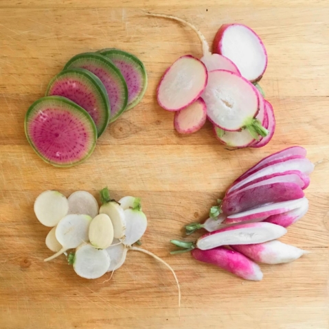 On Vegetables cookbook by Jeremy Fox recipe for homemade radishes, goat cheese, nori, and red wine mustard vinaigrette