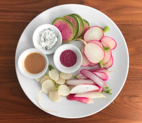 On Vegetables cookbook by Jeremy Fox recipe for homemade radishes, goat cheese, nori, and red wine mustard vinaigrette