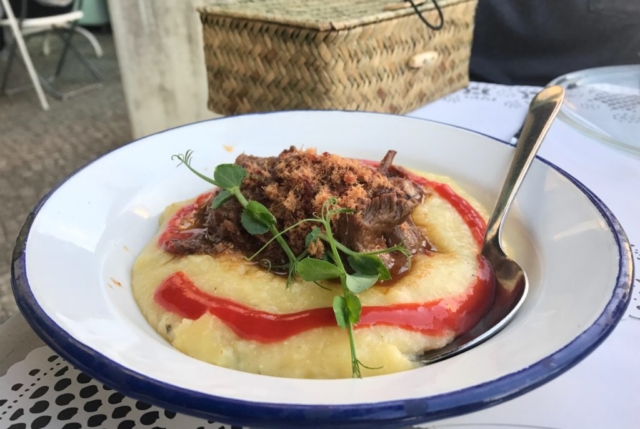 Lisbon Portugal cookbook travel Pharmacia restaurant Iberian pork stew with pork floss over polenta with sweet red pepper relish