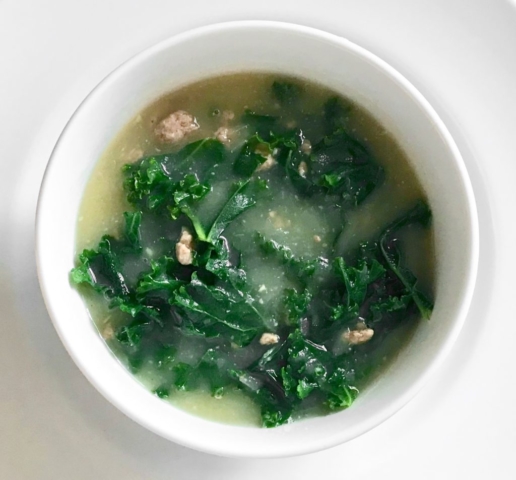 Lisbon cookbook recipe for caldo verde, shredded greens kale soup with chorizo or chourico