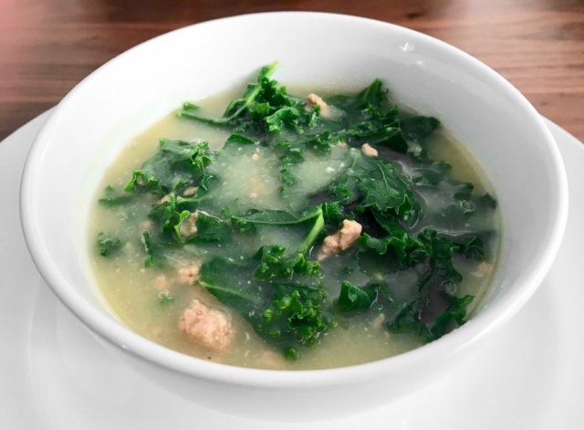 Lisbon cookbook recipe for caldo verde, shredded greens kale soup with chorizo or chourico