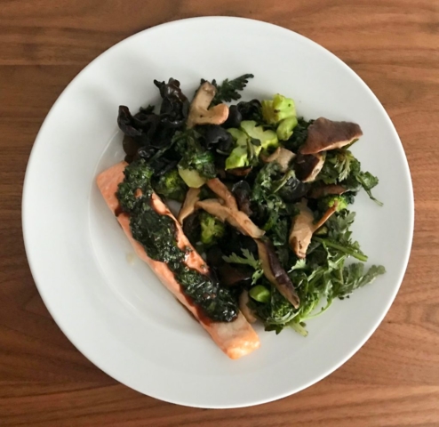 Gather and Graze cookbook Stephanie Izard Girl and the Goat recipe for grilled salmon with blueberry Szechuan Sichuan chile sauce dressing Chinese food healthy fresh herbs vegetables