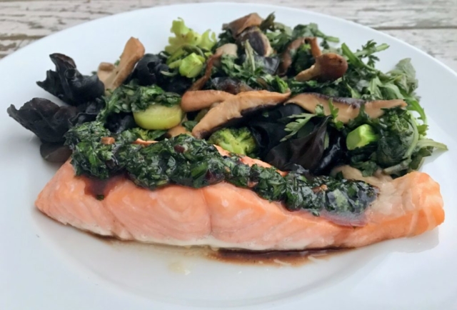 Gather and Graze cookbook Stephanie Izard Girl and the Goat recipe for grilled salmon with blueberry Szechuan Sichuan chile sauce dressing Chinese food healthy fresh herbs healthy vegetables