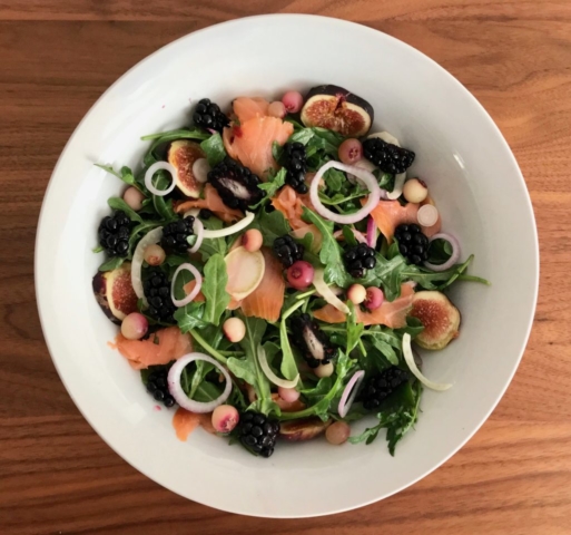 Gather and Graze cookbook Stephanie Izard recipe for smoked salmon toast with chile lime vinaigrette brunch breakfast with blackberry blackberries fennel mint arugula onion salad