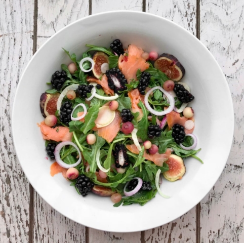 Gather and Graze cookbook Stephanie Izard recipe for smoked salmon toast with chile lime vinaigrette brunch breakfast with blackberry blackberries fennel mint arugula onion salad