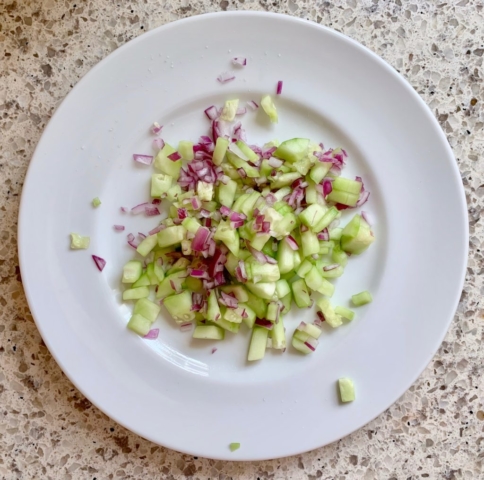 Aguachile de camaron cucumber and red onion from My Mexico City Kitchen cookbook shrimp ceviche spicy fish seafood cooking recipe fresh healthy cook food by Contramar chef Gabriela Camara